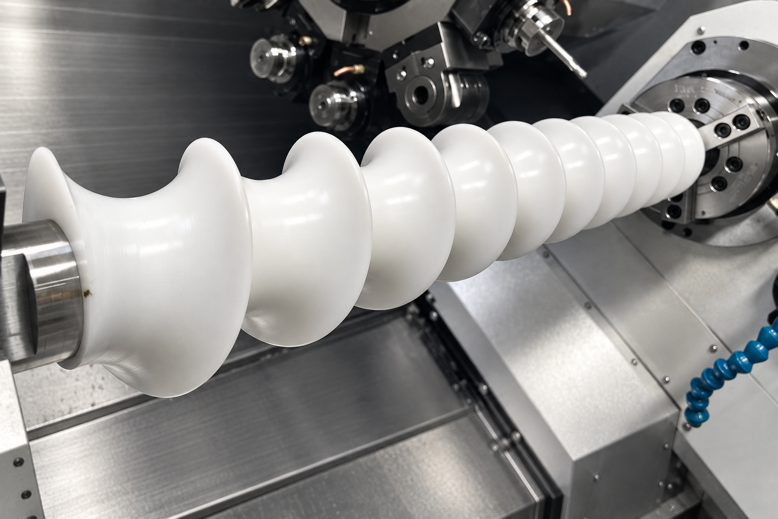 ชิ้นงานพลาสติกทรงเกลียวที่จับยึดอยู่ในเครื่อง CNC